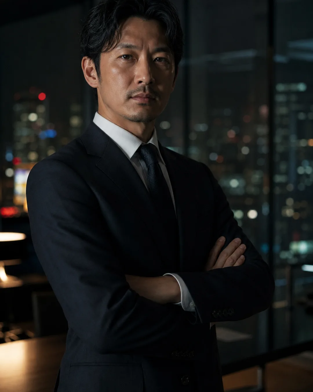 夜のオフィスで腕を組み、判断を委ねられる相手を待つ中小企業の社長