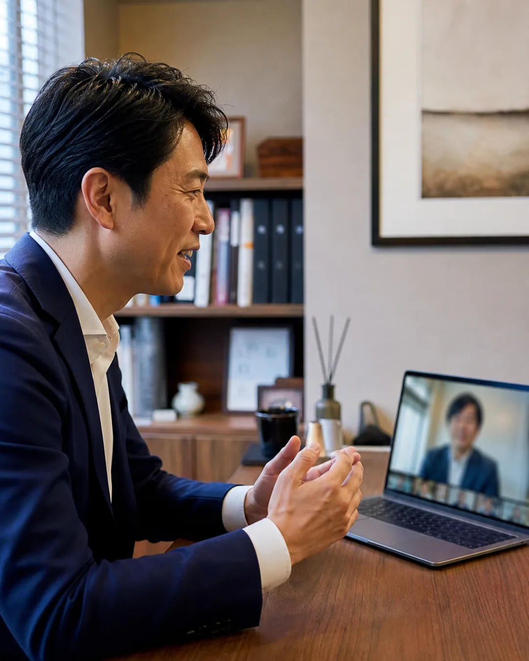 社長がAI顧問とオンライン相談している様子